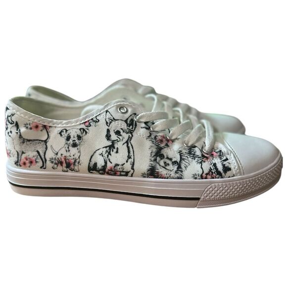 Chihuahua size 9 White Canvas Sneakers Lace Up Low-Top Casual shoes floral - Picture 3 of 10